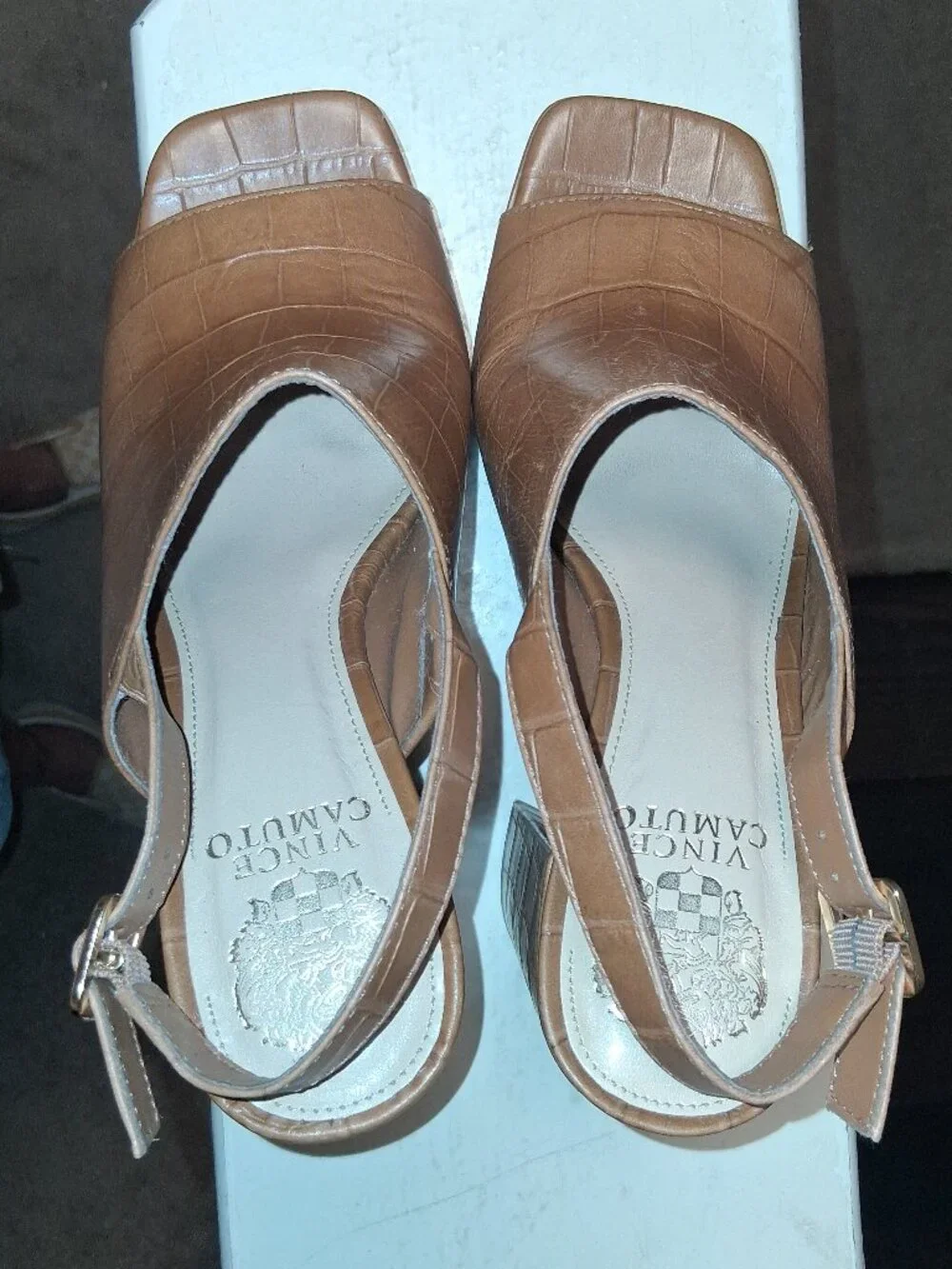 Vince Camuto Sovetta Platform Sandal W/Croc-Embossed Leather W/High Block Heel